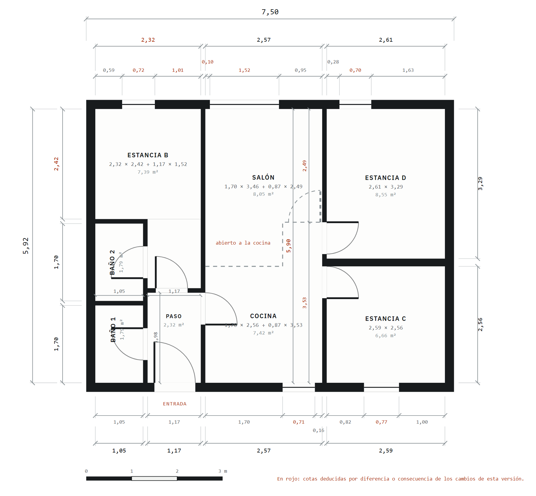 Plano de reforma de una vivienda con tres dormitorios y dos baños