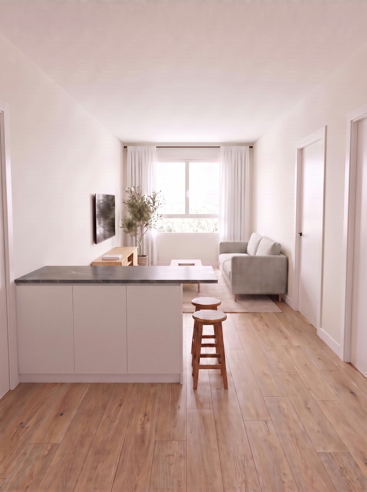 Render 3D del salón con la barra de la cocina
